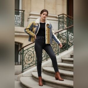 Stylish Multicolor Jean Jacket with Faux Fur Collar